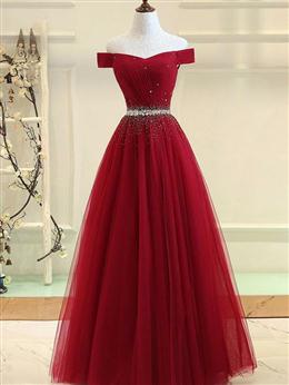 Picture of Charming Off Shoulder Tulle Beaded Formal Gown, Wine Red Color Long Junior Formal Dresses